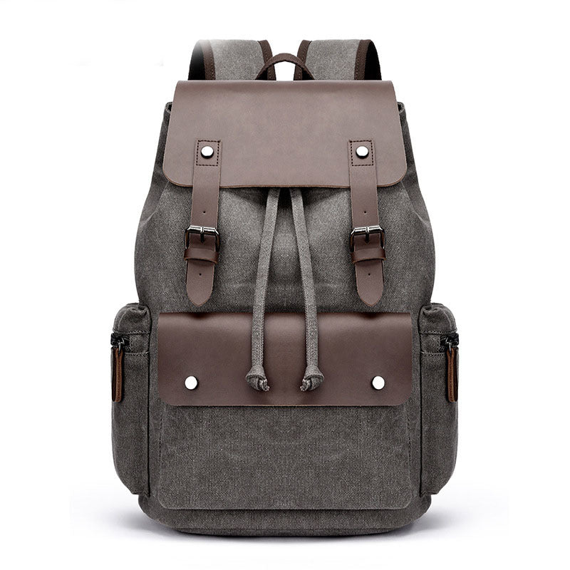 Casual Canvas Backpack Men's Business Laptop Bag With Buckle Drawstring Design