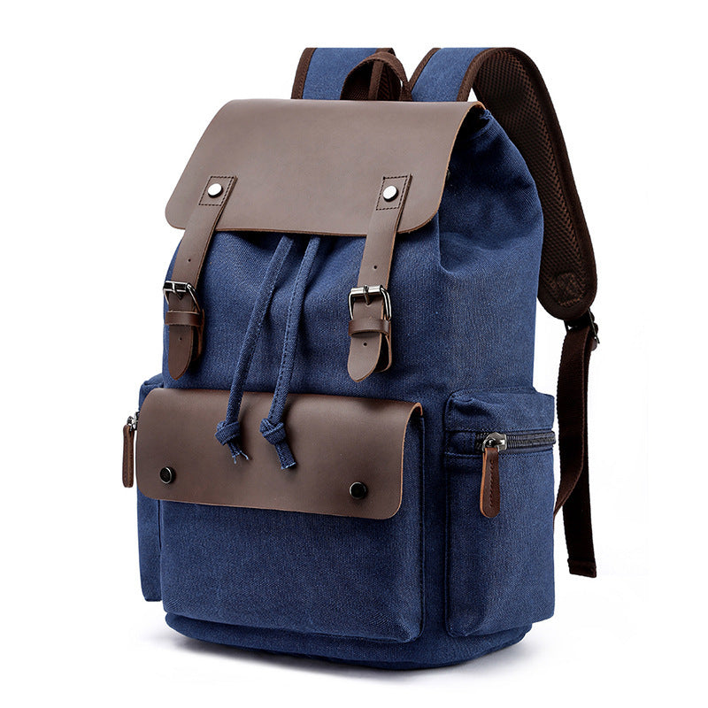 Casual Canvas Backpack Men's Business Laptop Bag With Buckle Drawstring Design