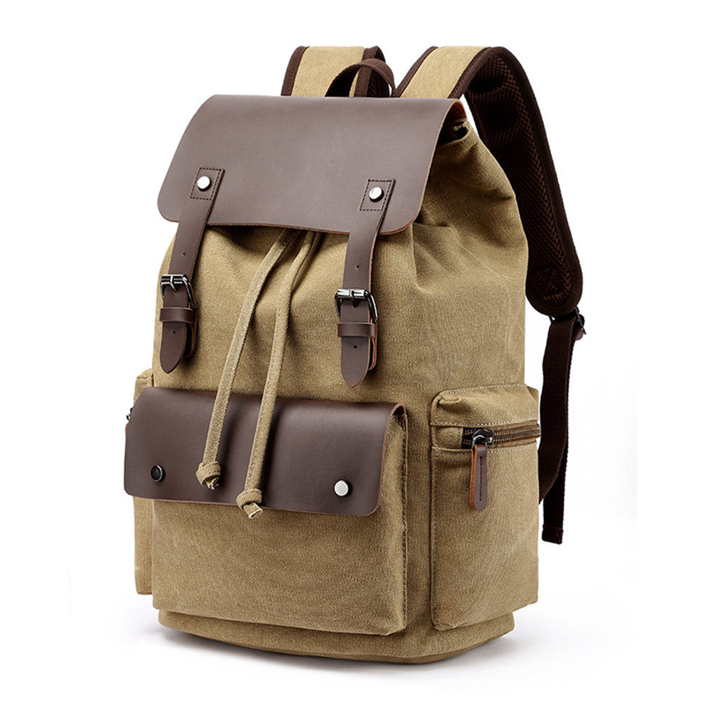 Casual Canvas Backpack Men's Business Laptop Bag With Buckle Drawstring Design