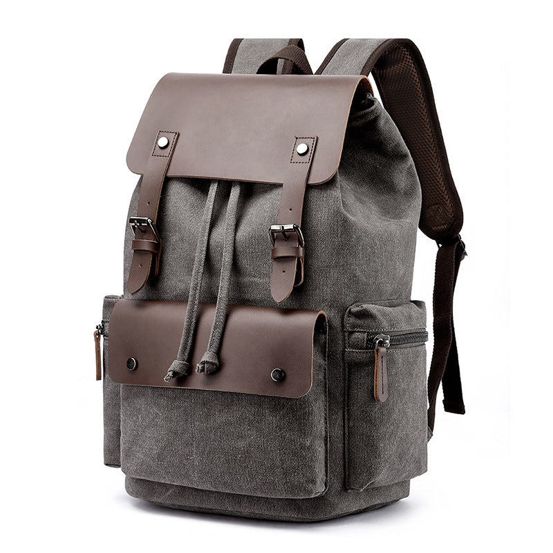 Casual Canvas Backpack Men's Business Laptop Bag With Buckle Drawstring Design
