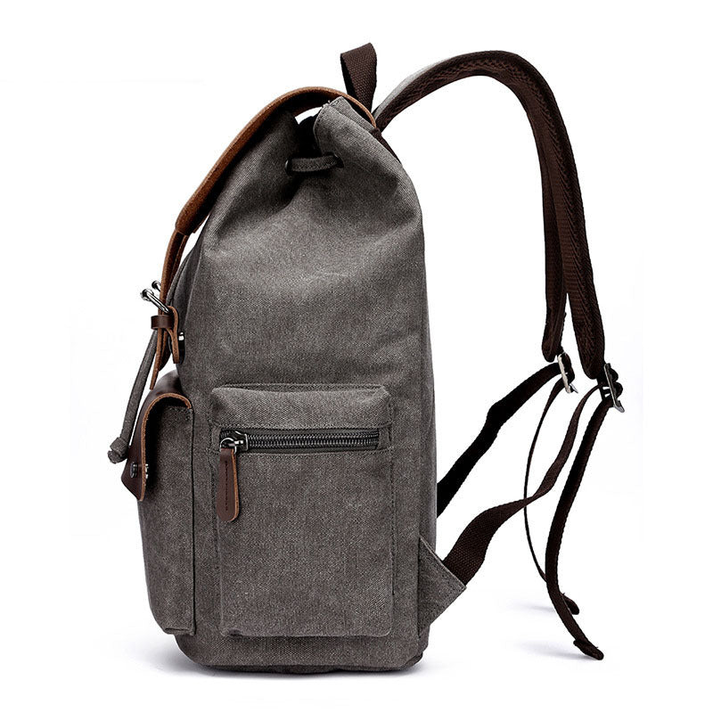 Casual Canvas Backpack Men's Business Laptop Bag With Buckle Drawstring Design