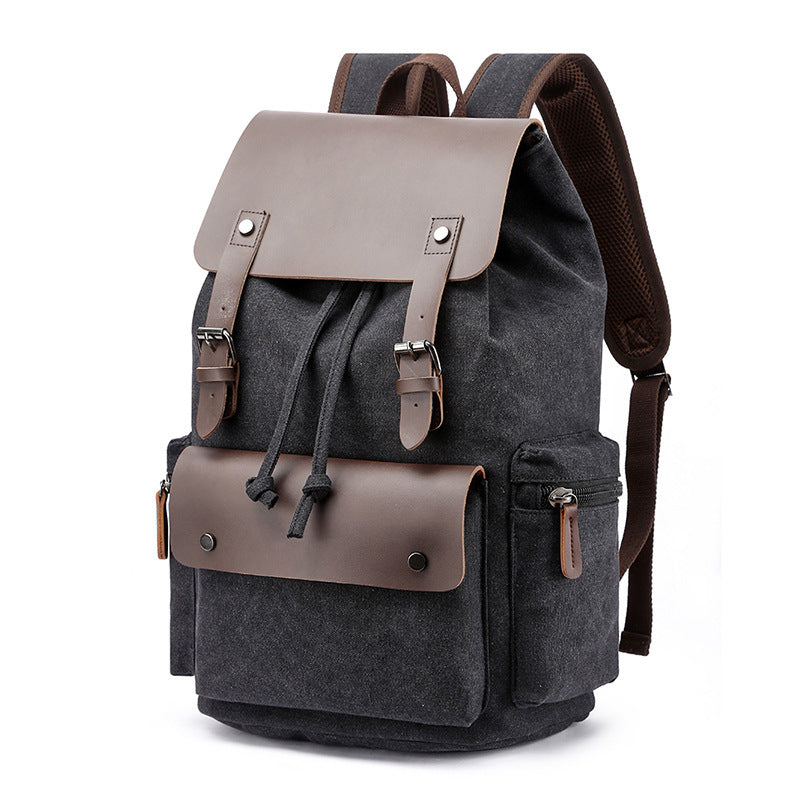 Casual Canvas Backpack Men's Business Laptop Bag With Buckle Drawstring Design