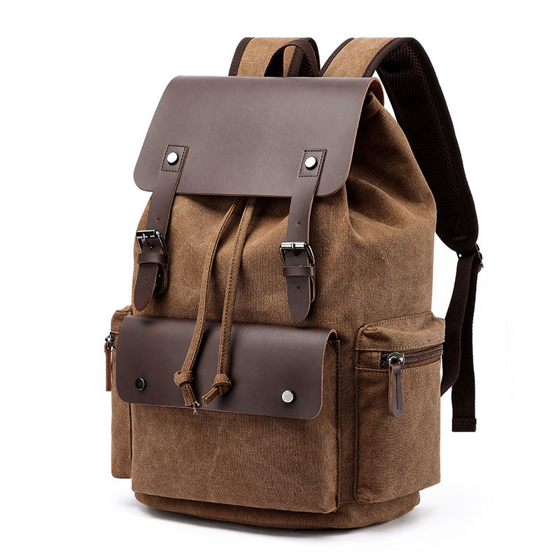 Casual Canvas Backpack Men's Business Laptop Bag With Buckle Drawstring Design