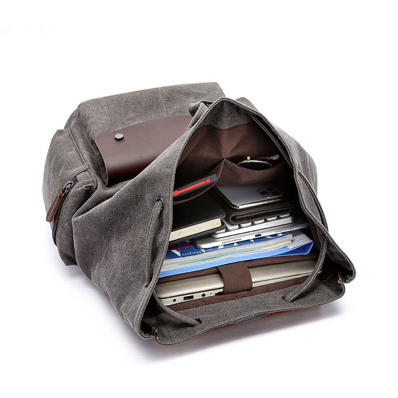 Casual Canvas Backpack Men's Business Laptop Bag With Buckle Drawstring Design