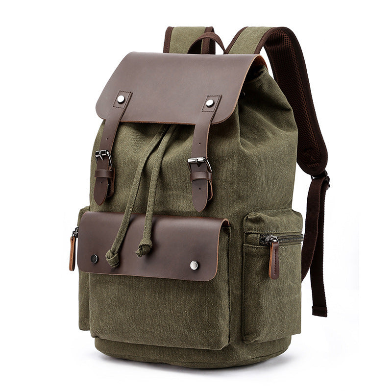 Casual Canvas Backpack Men's Business Laptop Bag With Buckle Drawstring Design
